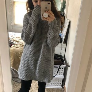 long gray knit turtleneck sweater dress